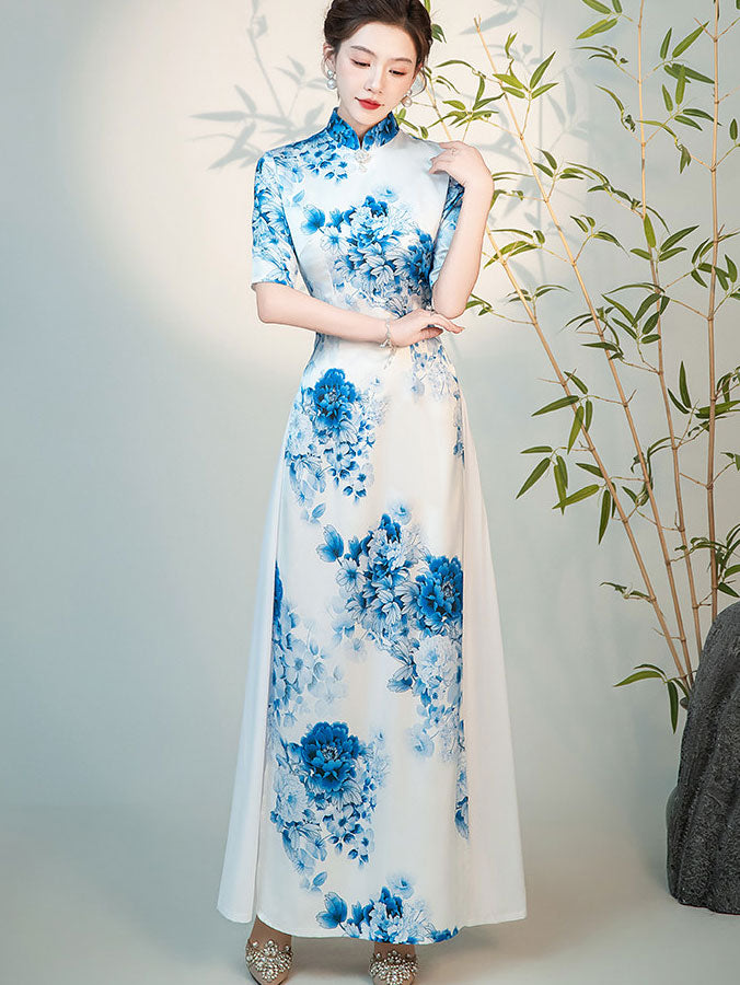 Blue and White Floral Print Maxi Cheongsam Ao Dai Dress