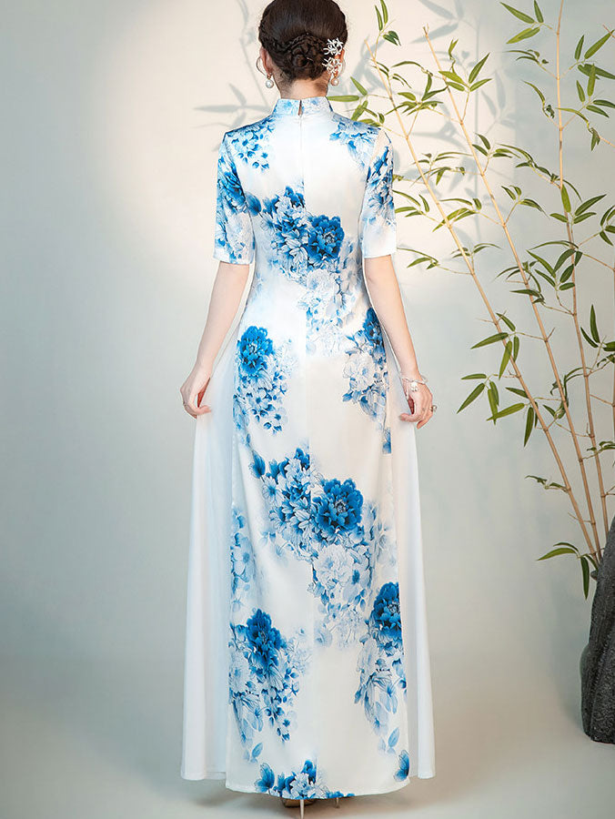 Blue and White Floral Print Maxi Cheongsam Ao Dai Dress