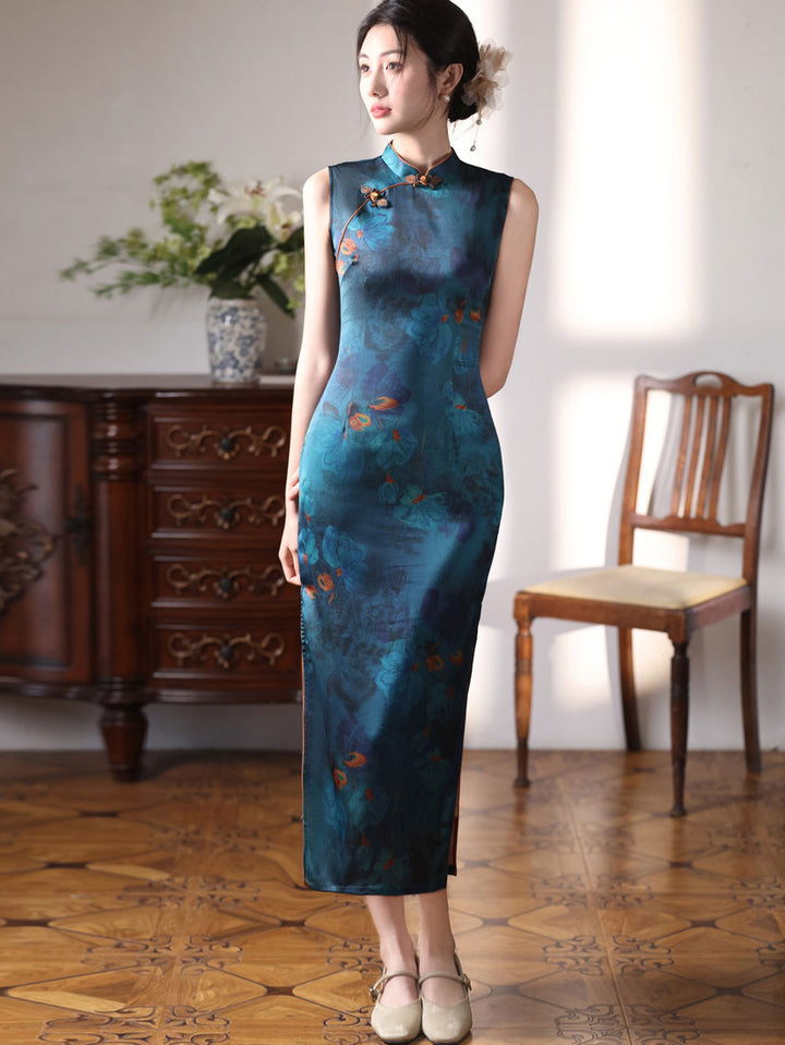 Blue Floral Print Long Cheongsam Qipao Dress