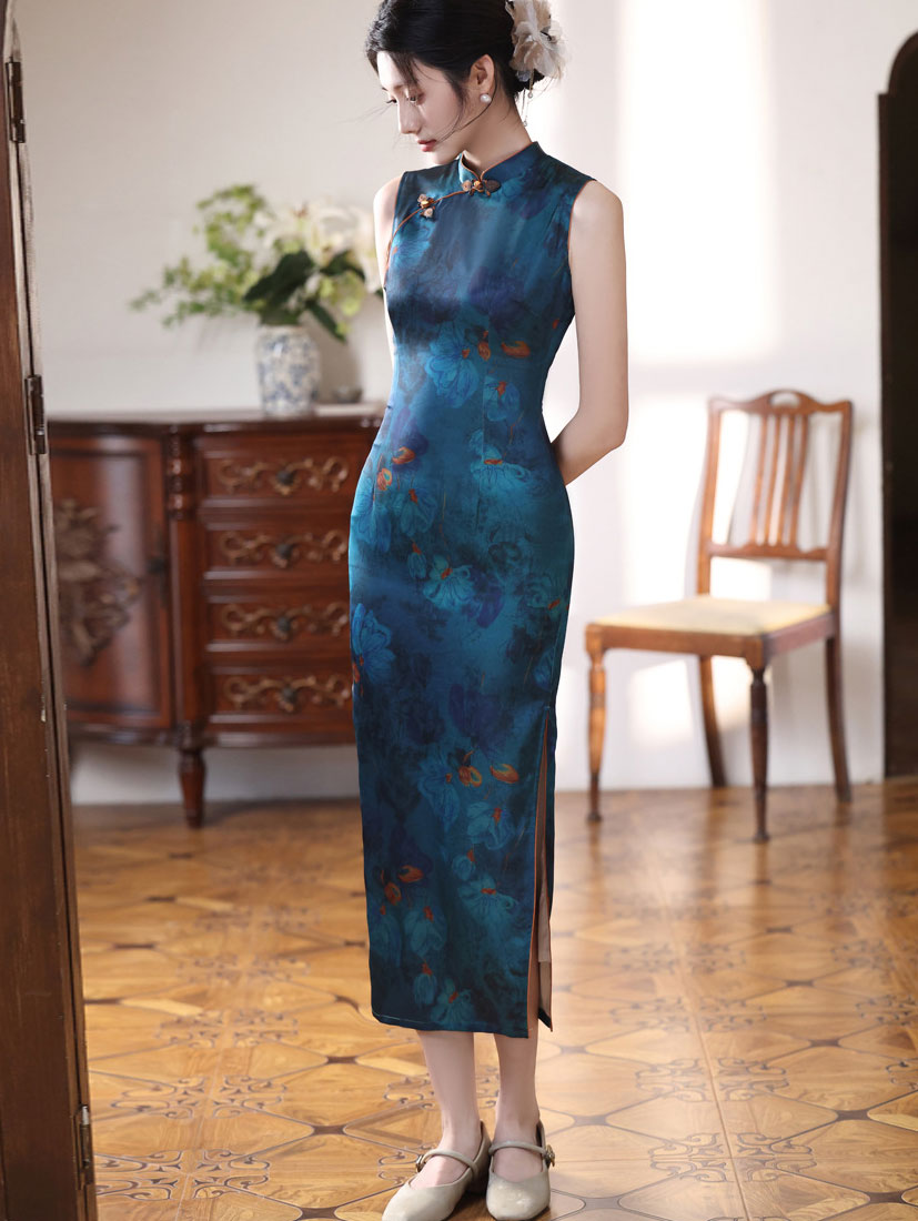 Blue Floral Print Long Cheongsam Qipao Dress