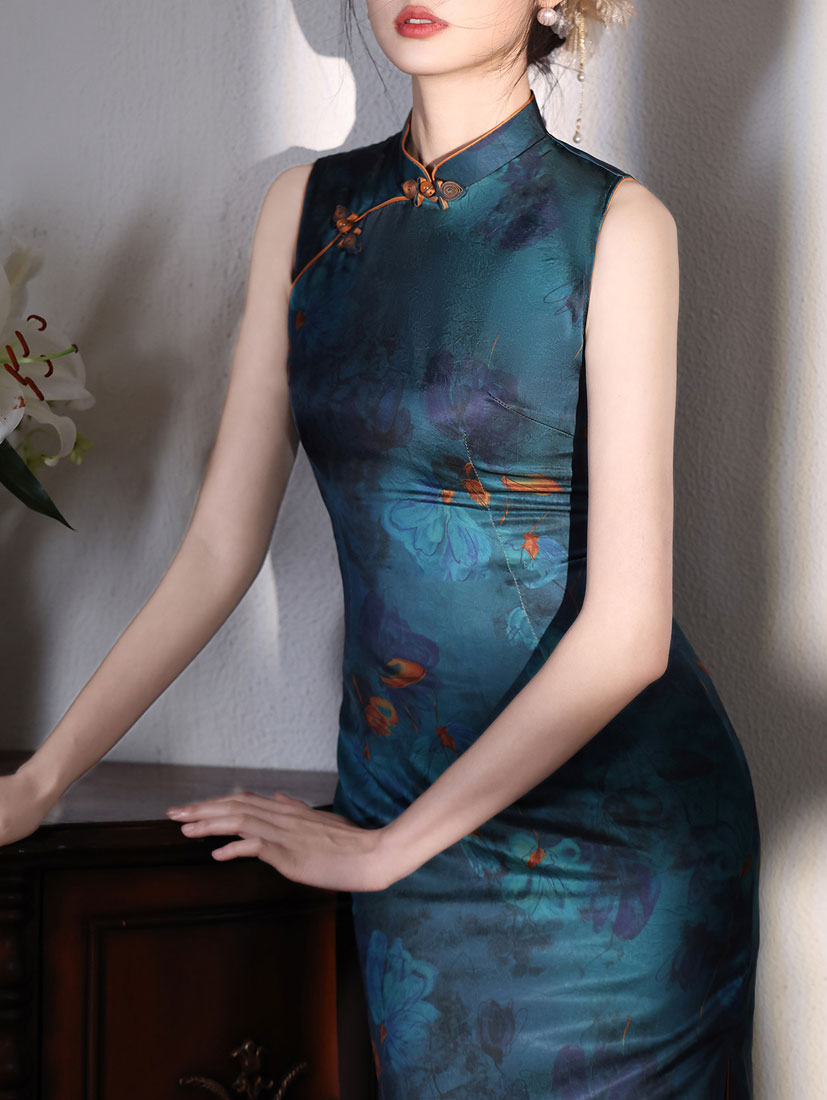 Blue Floral Print Long Cheongsam Qipao Dress