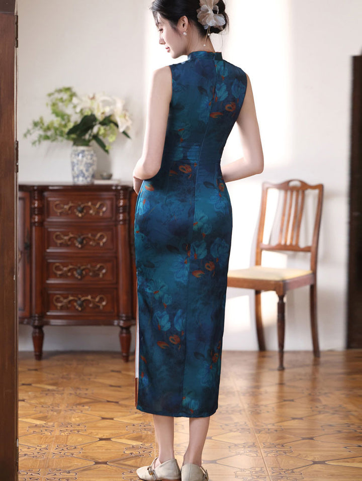 Blue Floral Print Long Cheongsam Qipao Dress