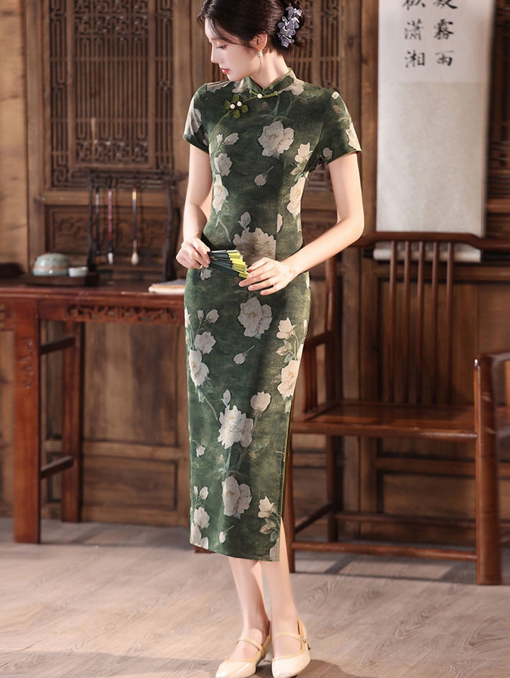 Olive Green Floral Print Maxi Cheongsam Qipao Dress