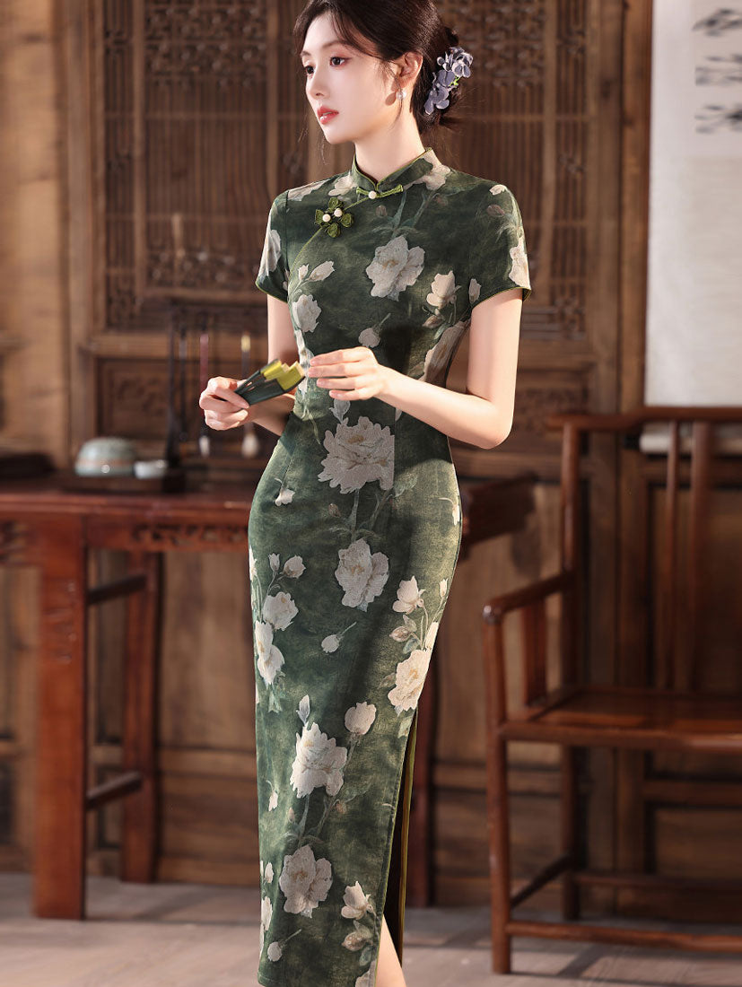 Olive Green Floral Print Maxi Cheongsam Qipao Dress