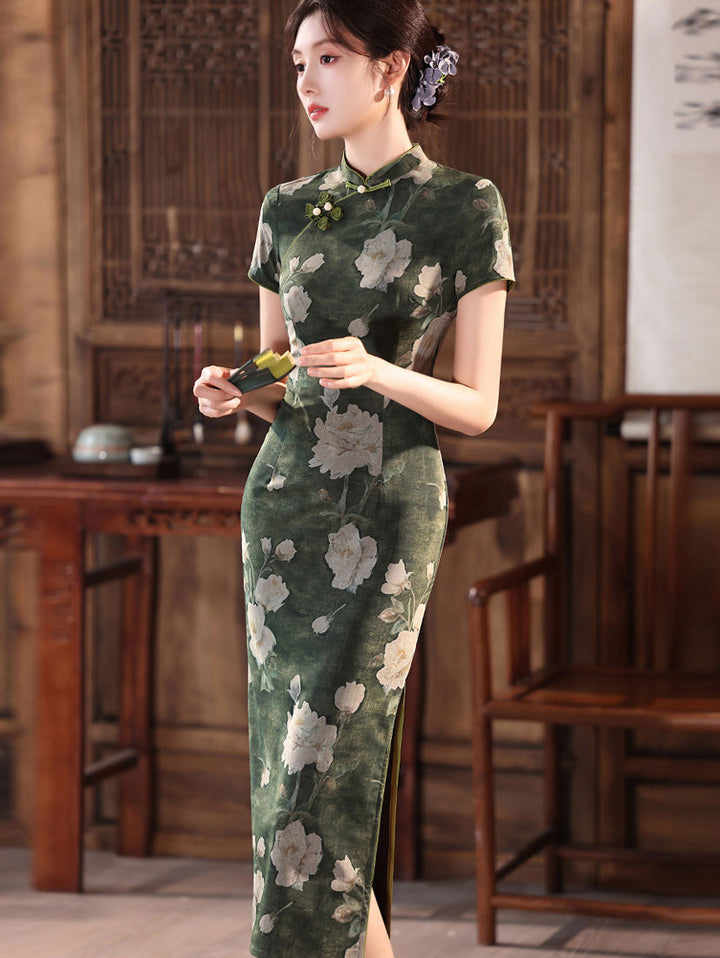 Olive Green Floral Print Maxi Cheongsam Qipao Dress