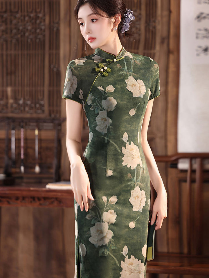Olive Green Floral Print Maxi Cheongsam Qipao Dress