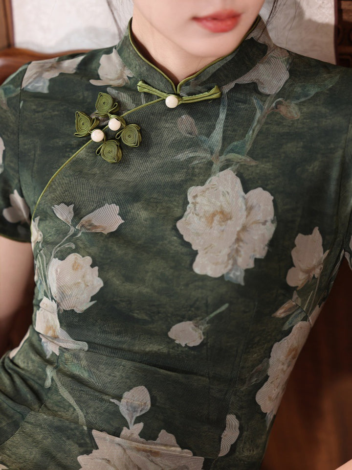 Olive Green Floral Print Maxi Cheongsam Qipao Dress