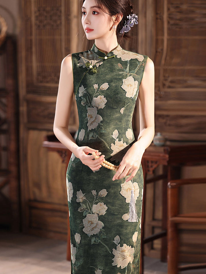 Olive Green Floral Print Maxi Cheongsam Qipao Dress
