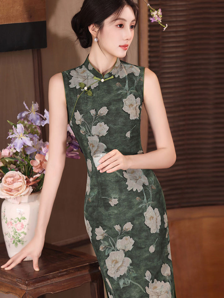 Olive Green Floral Print Maxi Cheongsam Qipao Dress