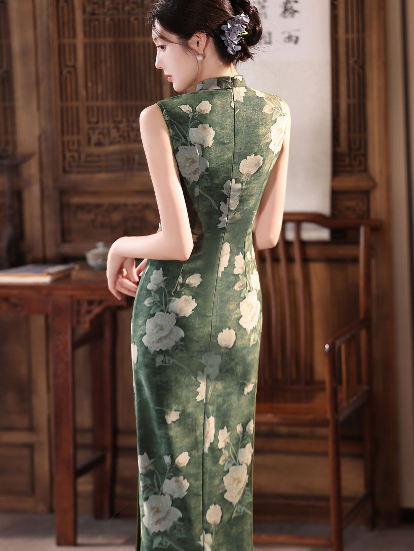 Olive Green Floral Print Maxi Cheongsam Qipao Dress