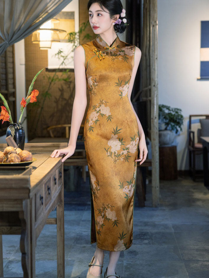 Gold Floral Print Maxi Cheongsam Qipao Dress