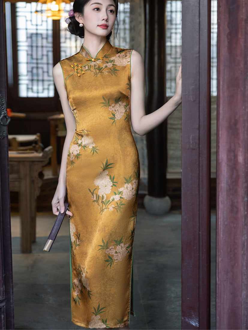 Gold Floral Print Maxi Cheongsam Qipao Dress