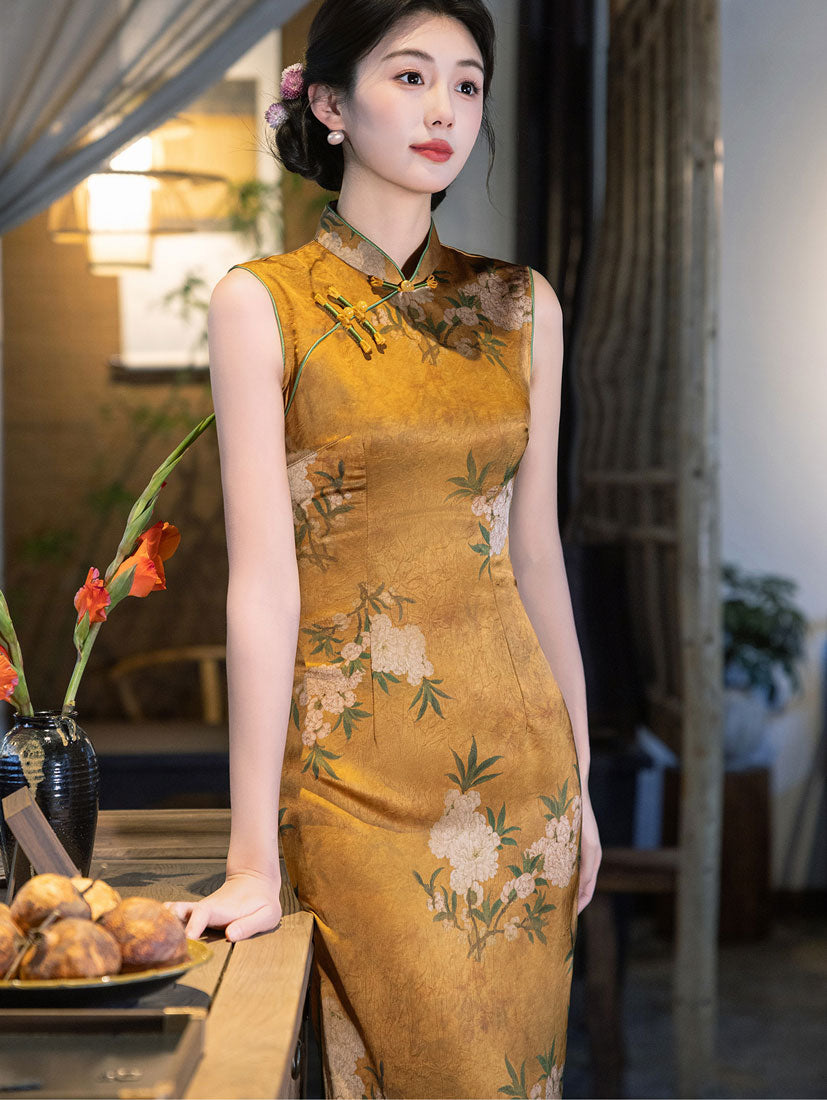 Gold Floral Print Maxi Cheongsam Qipao Dress