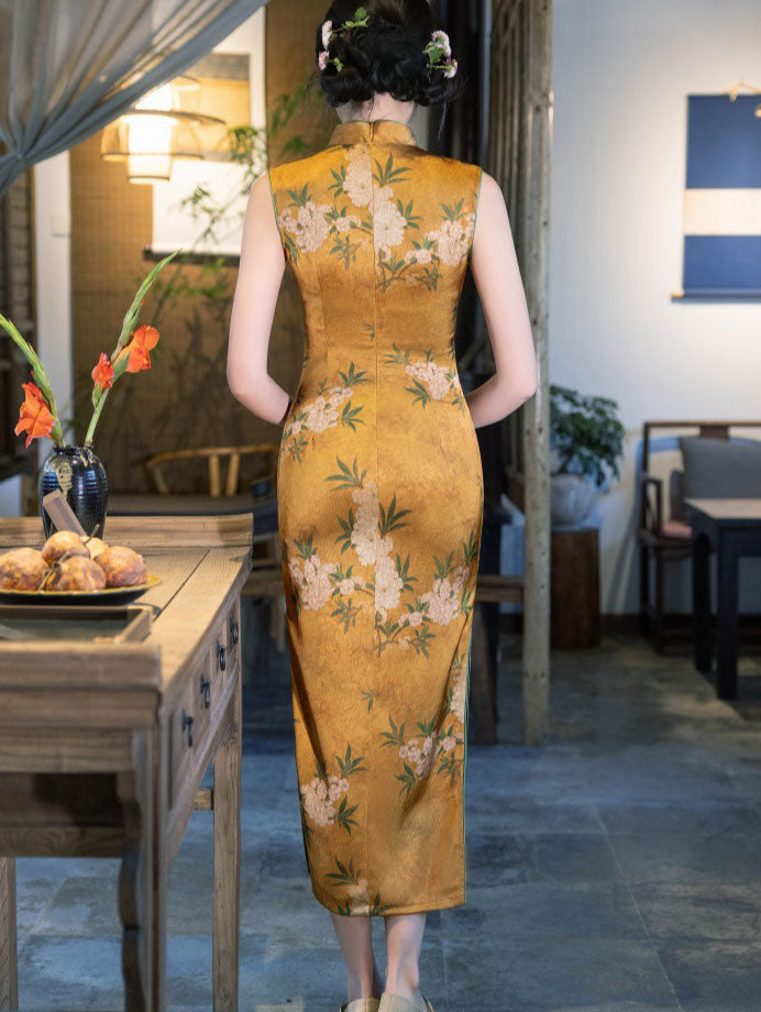 Gold Floral Print Maxi Cheongsam Qipao Dress
