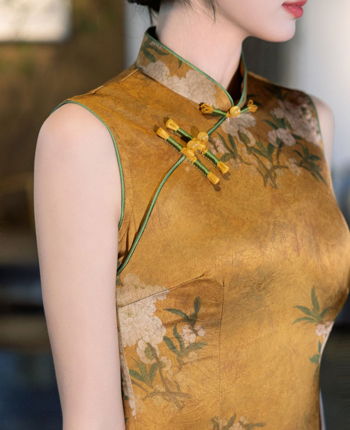 Gold Floral Print Maxi Cheongsam Qipao Dress