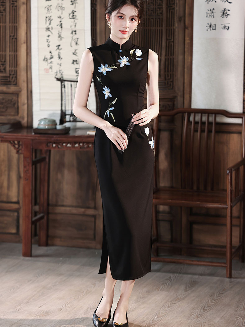 Black Embroidered Floral Cheongsam Qipao Dress