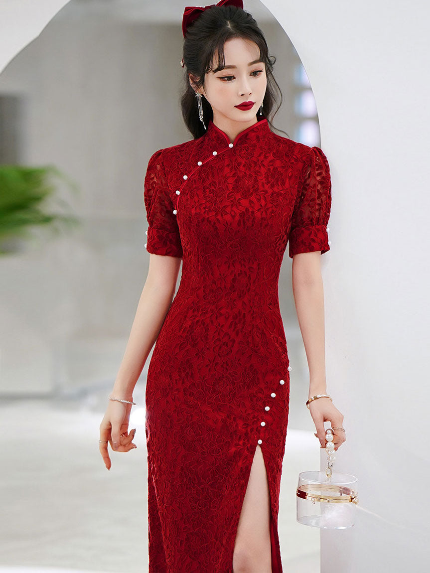 Burgundy Lace Thigh Split Cheongsam Qipao Dress