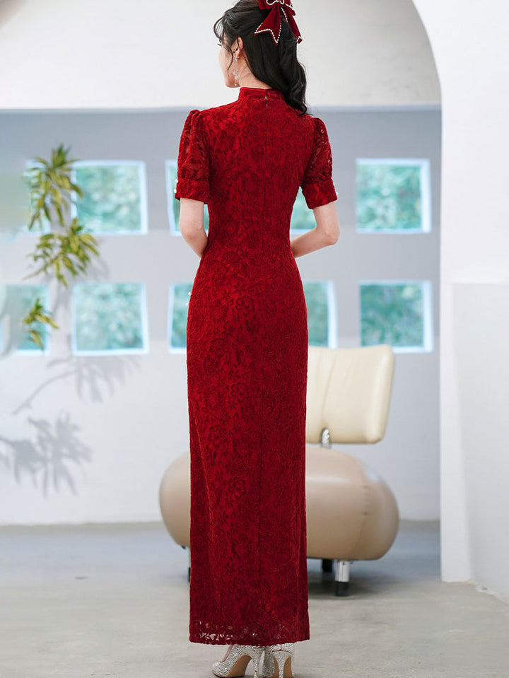Burgundy Lace Thigh Split Cheongsam Qipao Dress