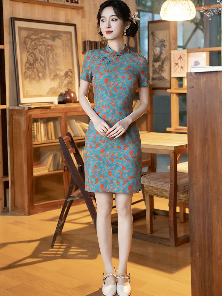 Blue Floral Print Short Cheongsam Qipao Dress