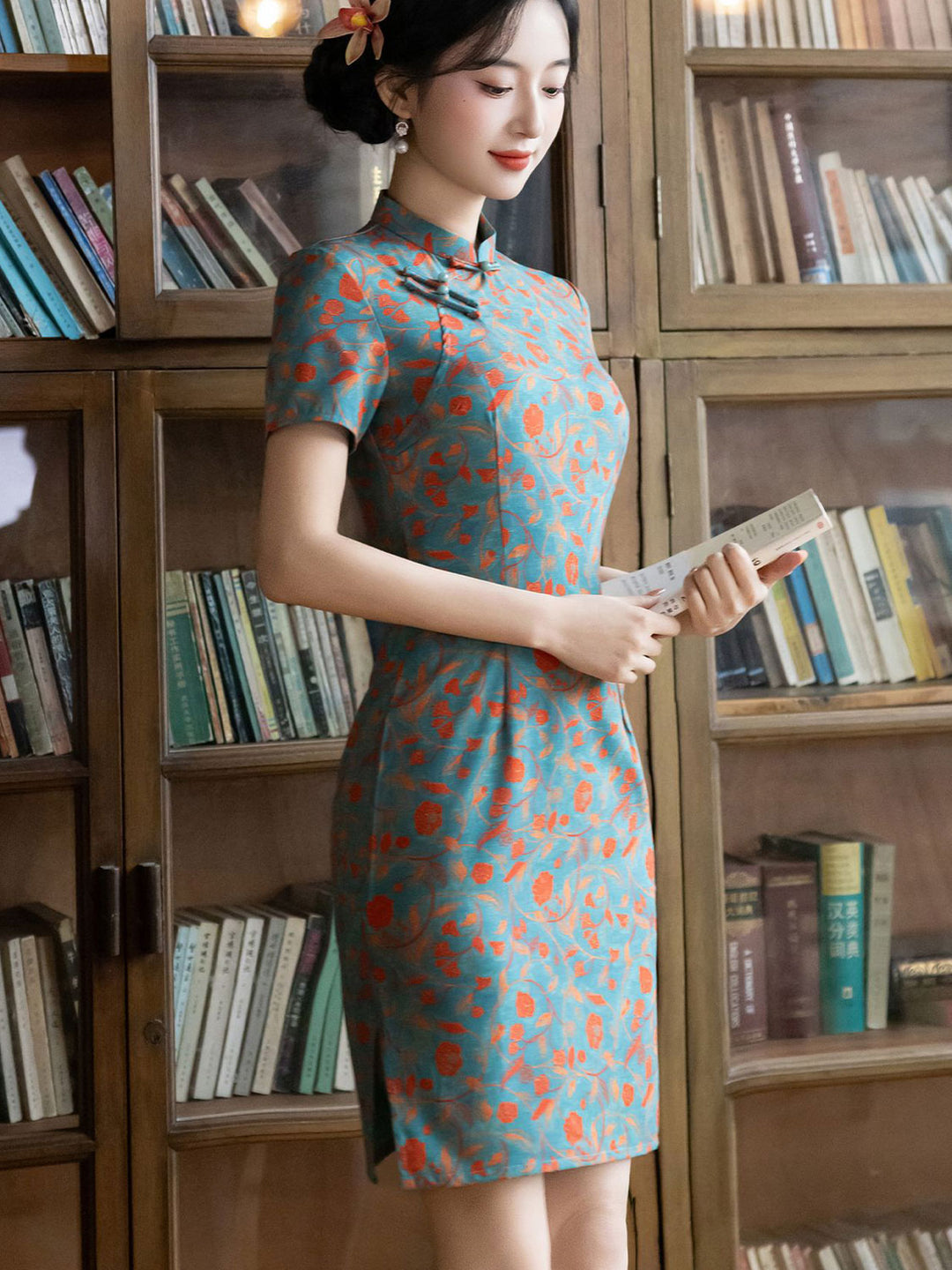Blue Floral Print Short Cheongsam Qipao Dress