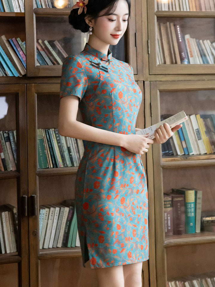 Blue Floral Print Short Cheongsam Qipao Dress