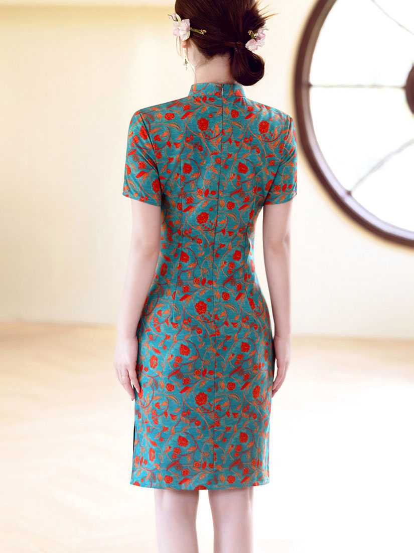 Blue Floral Print Short Cheongsam Qipao Dress