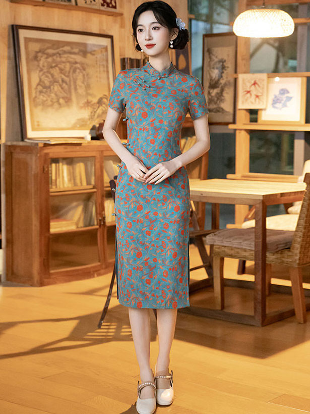 Blue Floral Print Short Cheongsam Qipao Dress