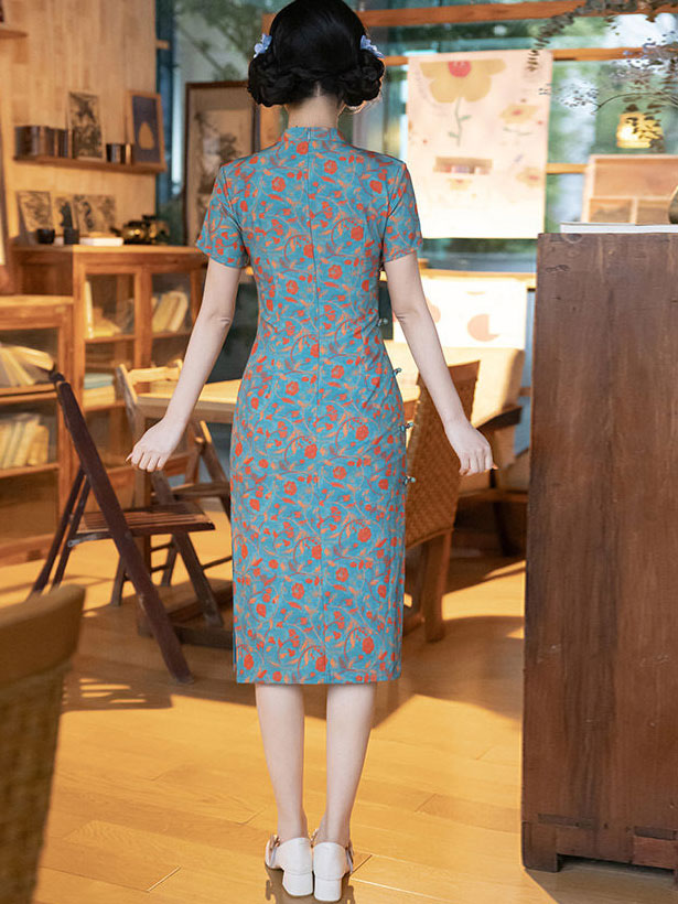 Blue Floral Print Short Cheongsam Qipao Dress