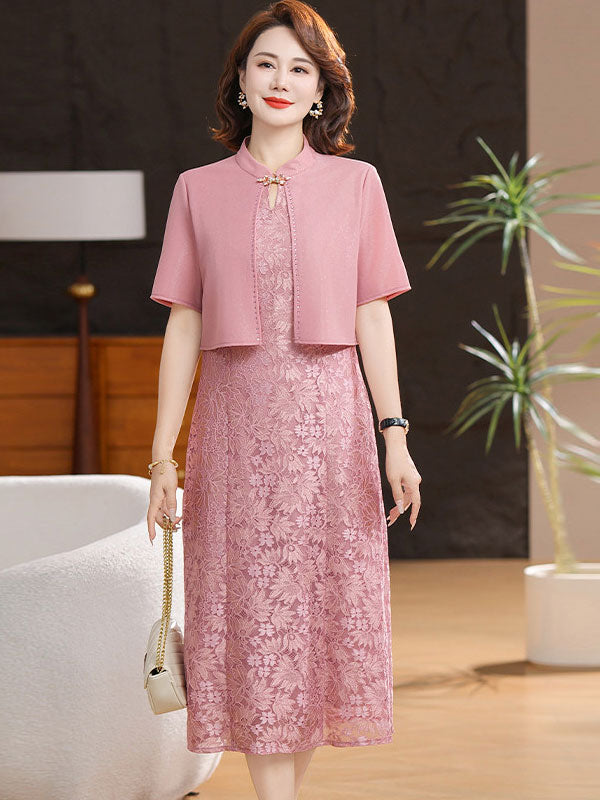 Faux Two Pieces Mothers Wedding Midi Cheongsam Dress