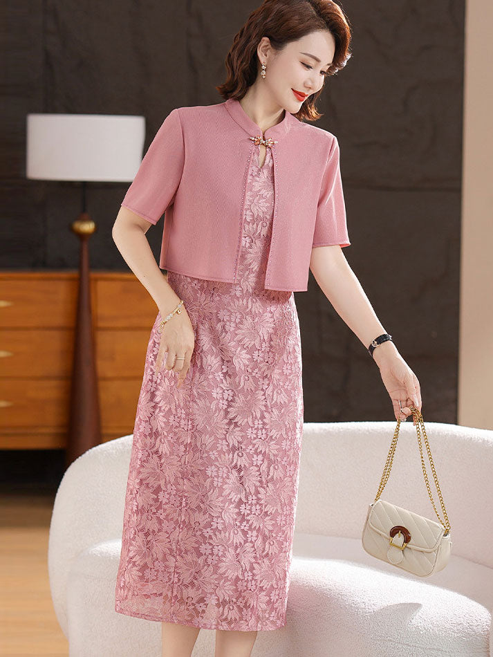 Faux Two Pieces Mothers Wedding Midi Cheongsam Dress