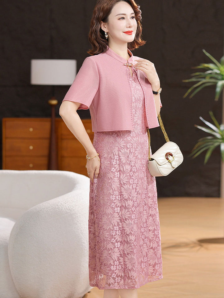 Faux Two Pieces Mothers Wedding Midi Cheongsam Dress