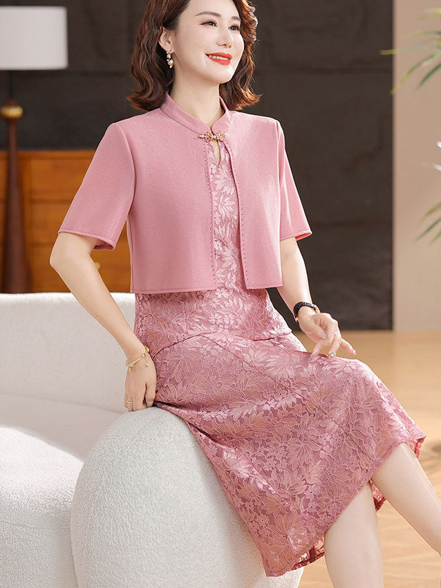 Faux Two Pieces Mothers Wedding Midi Cheongsam Dress