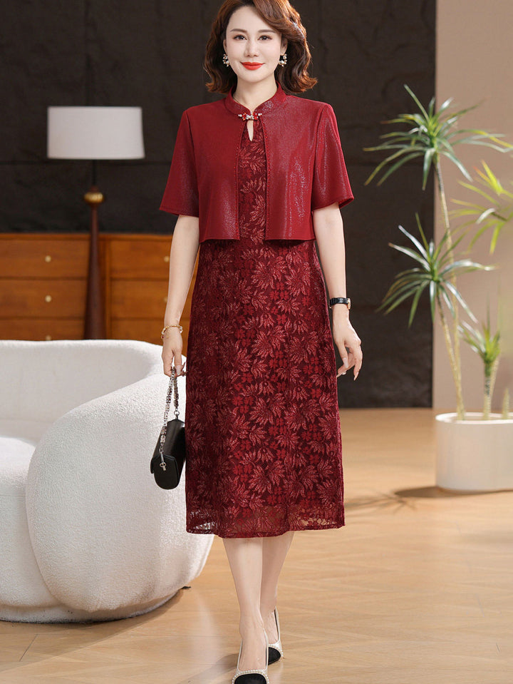 Faux Two Pieces Mothers Wedding Midi Cheongsam Dress