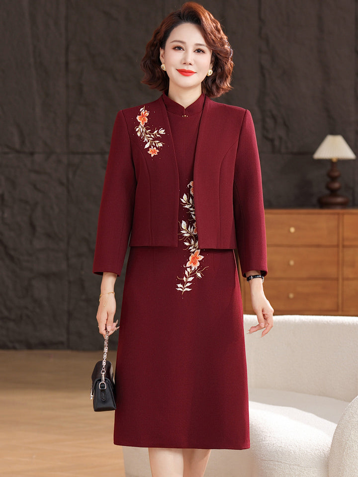 2 Pieces Burgundy Embroidered Mothers Cheongsam Dress & Jacket