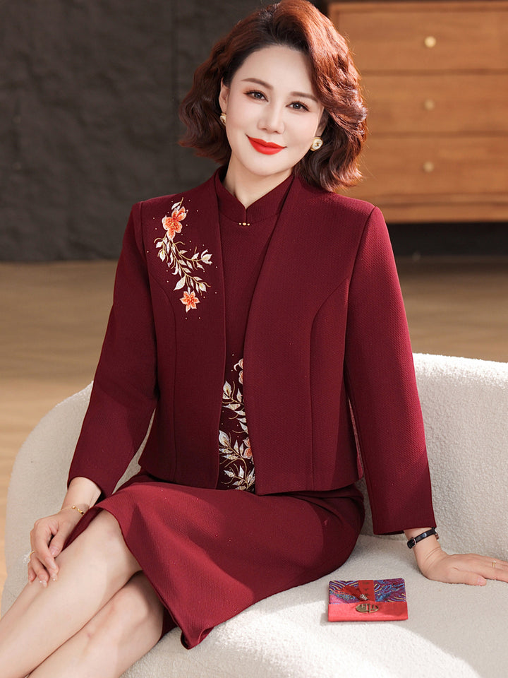 2 Pieces Burgundy Embroidered Mothers Cheongsam Dress & Jacket