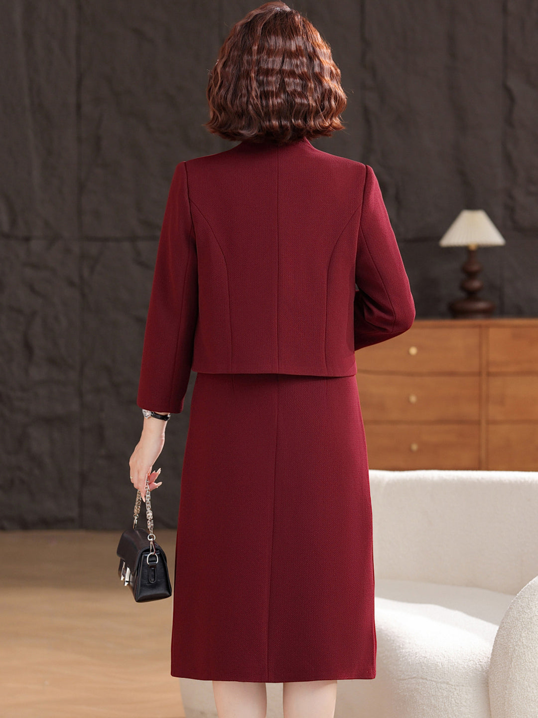 2 Pieces Burgundy Embroidered Mothers Cheongsam Dress & Jacket