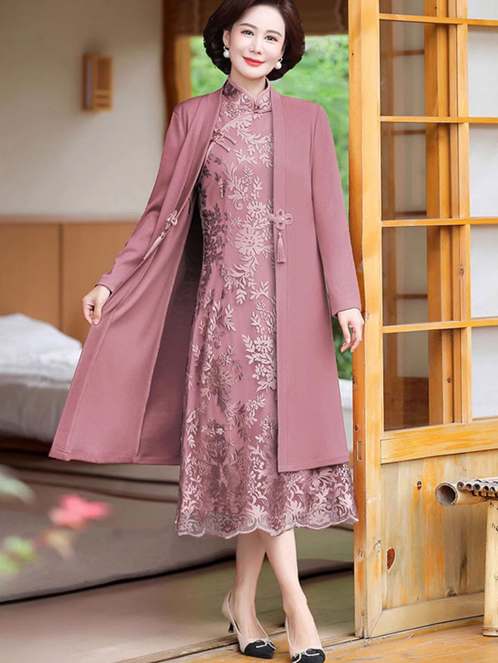 2 Pieces Pink Red Lace Mothers Qipao Cheongsam Dress & Coat