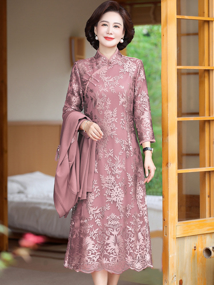2 Pieces Pink Red Lace Mothers Qipao Cheongsam Dress & Coat