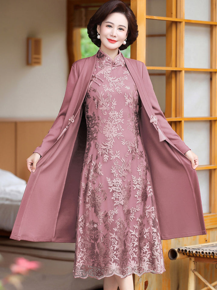 2 Pieces Pink Red Lace Mothers Qipao Cheongsam Dress & Coat