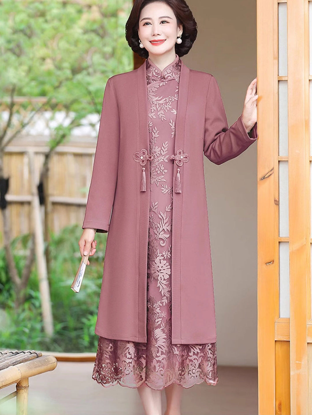 2 Pieces Pink Red Lace Mothers Qipao Cheongsam Dress & Coat