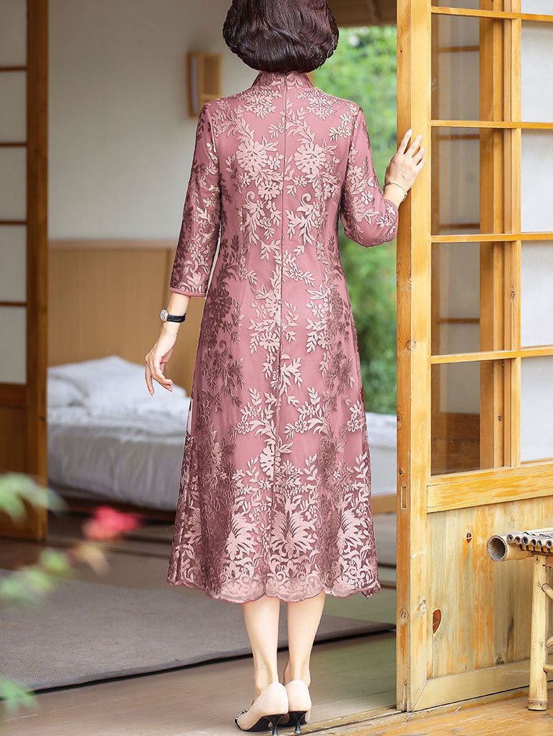 2 Pieces Pink Red Lace Mothers Qipao Cheongsam Dress & Coat