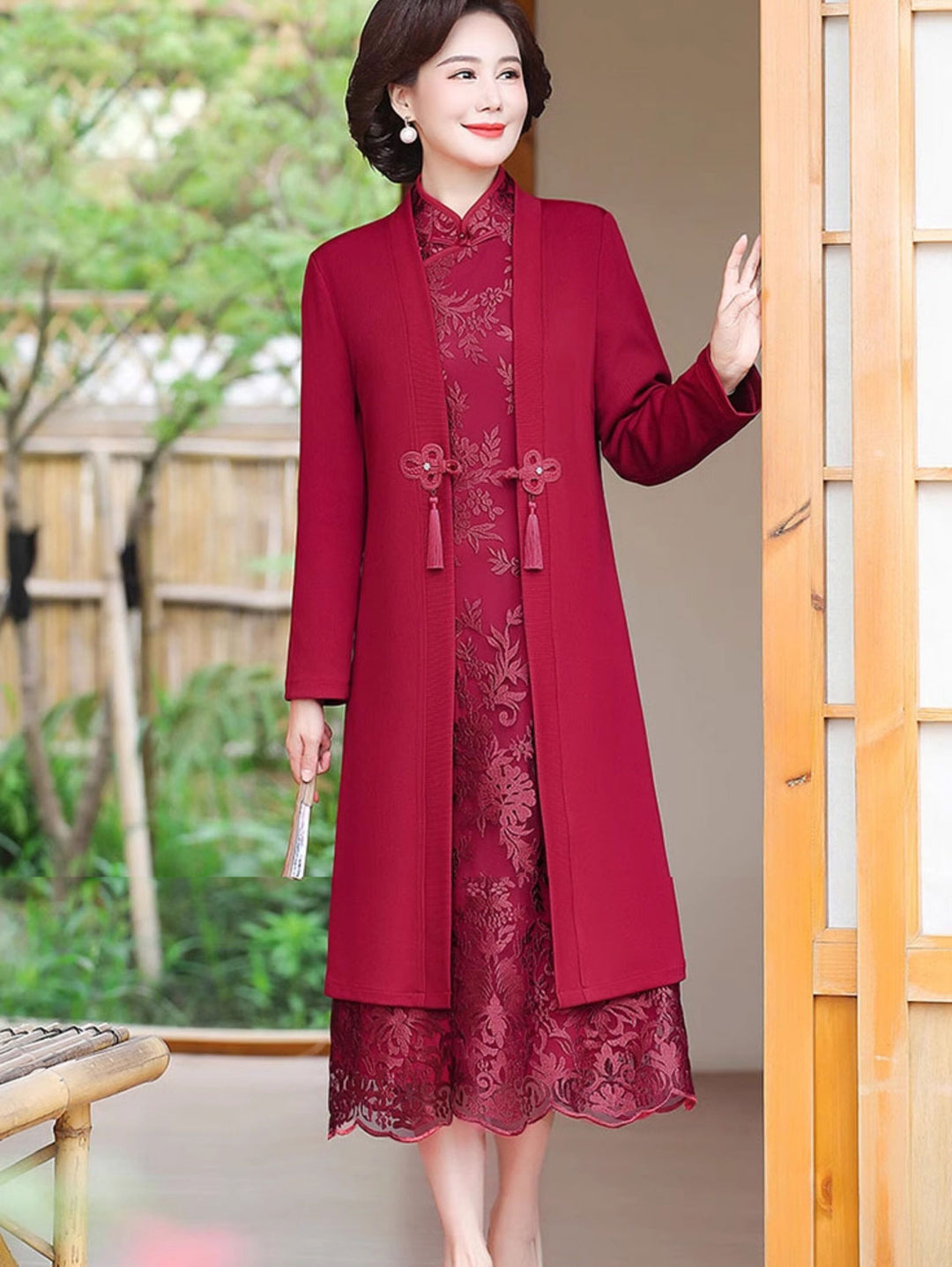 2 Pieces Pink Red Lace Mothers Qipao Cheongsam Dress & Coat