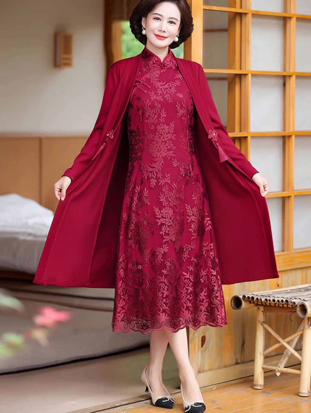 2 Pieces Pink Red Lace Mothers Qipao Cheongsam Dress & Coat