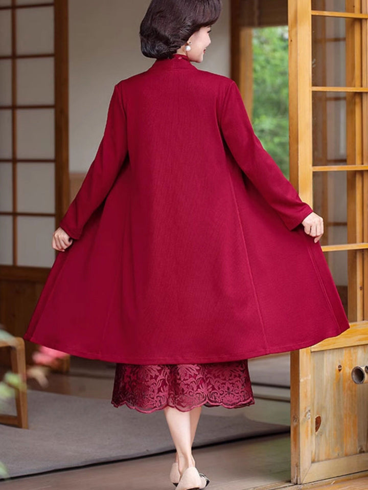 2 Pieces Pink Red Lace Mothers Qipao Cheongsam Dress & Coat