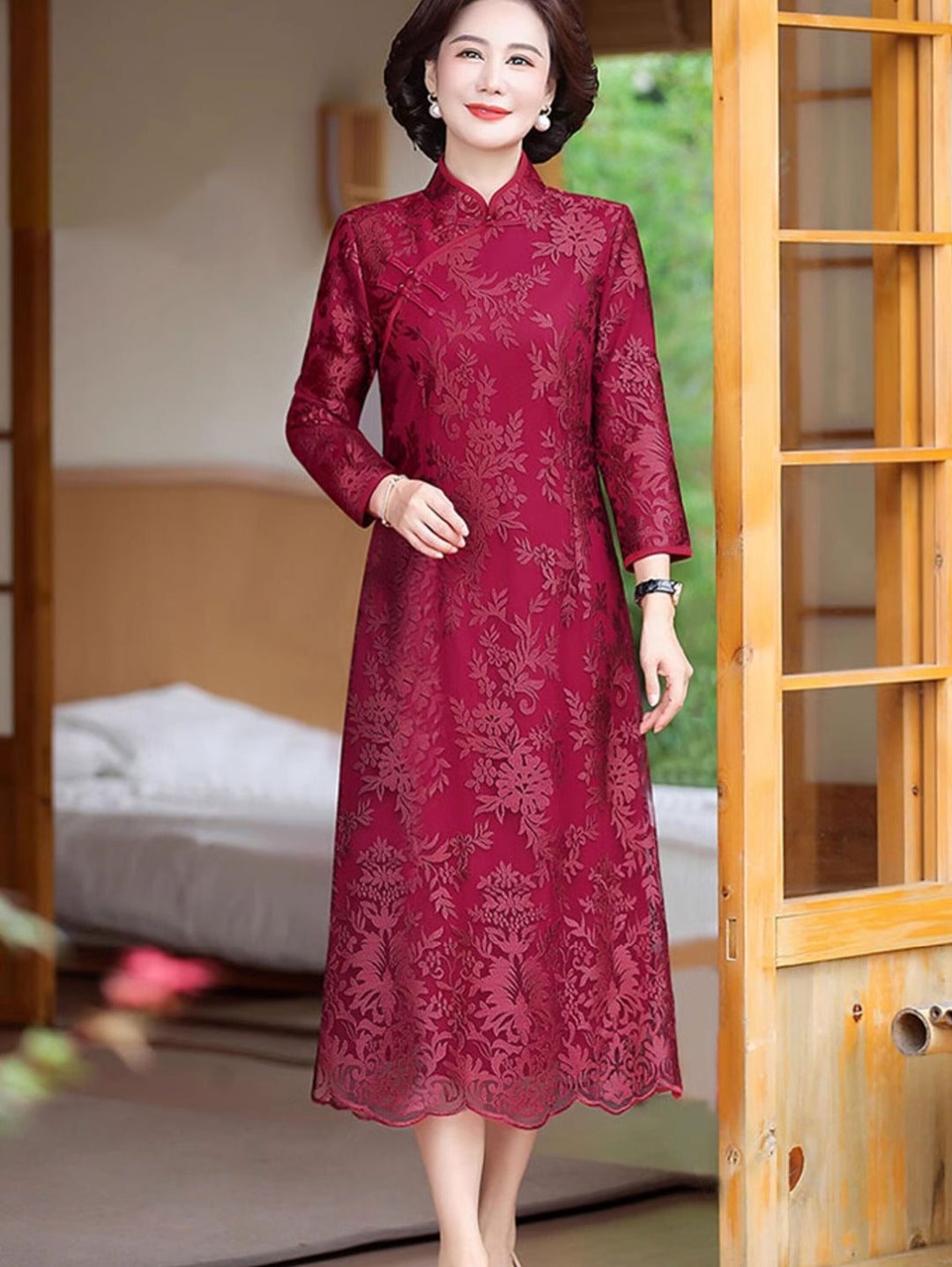 2 Pieces Pink Red Lace Mothers Qipao Cheongsam Dress & Coat
