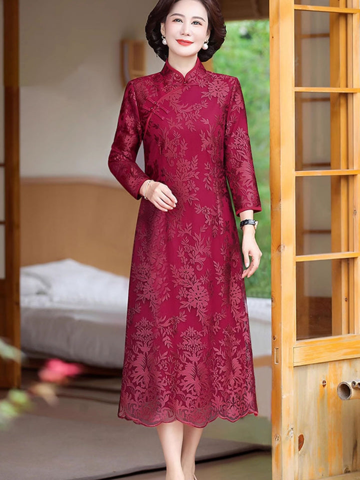 2 Pieces Pink Red Lace Mothers Qipao Cheongsam Dress & Coat