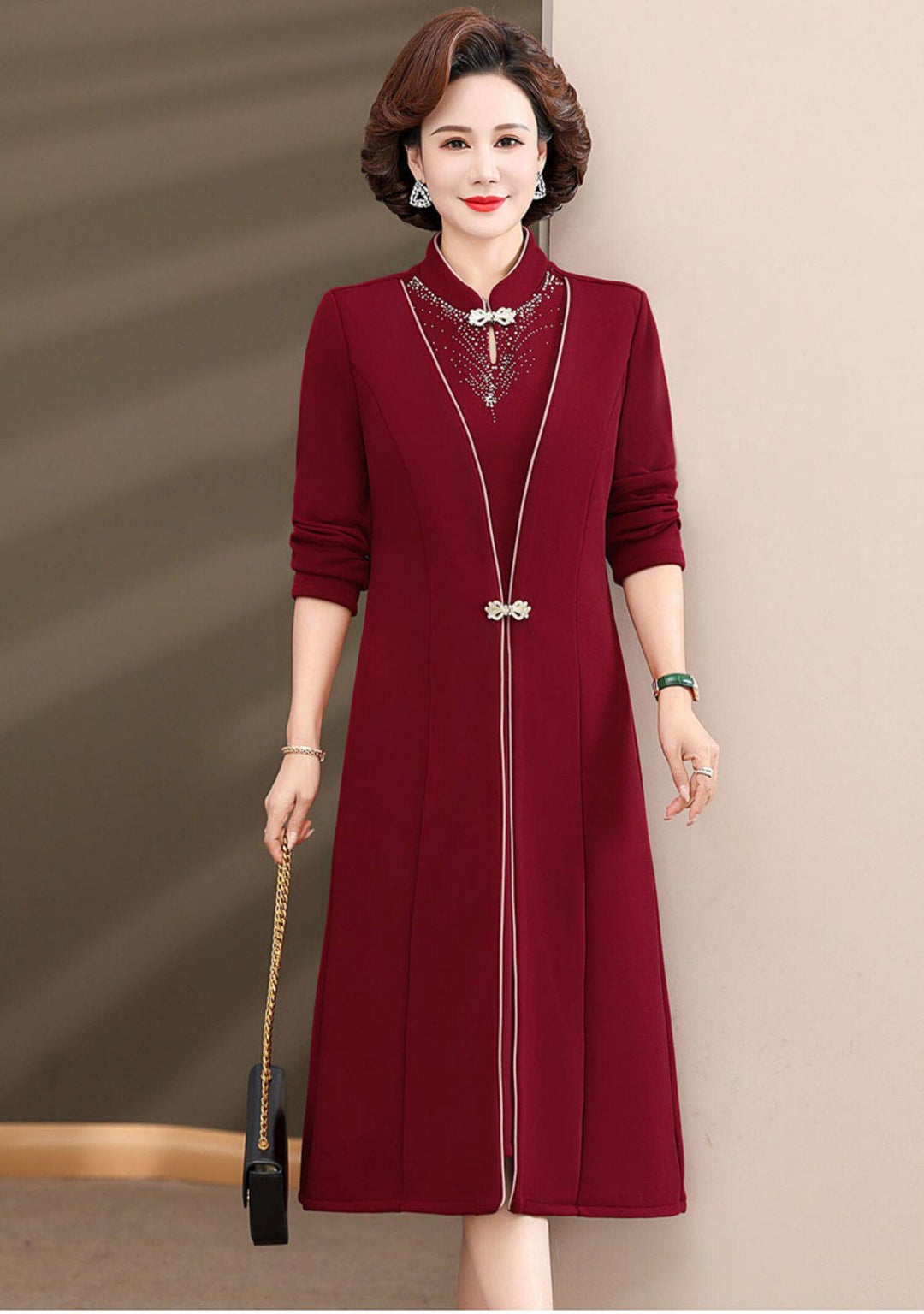 2 Pieces Red Black Mothers Qipao Cheongsam Dress & Coat