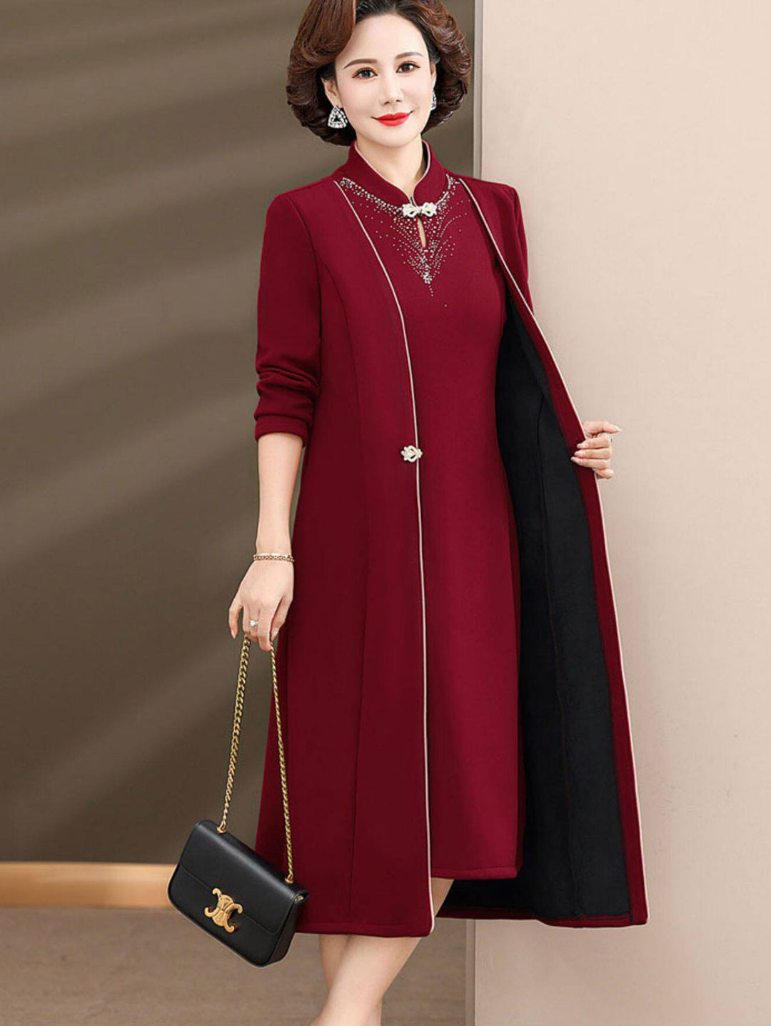 2 Pieces Red Black Mothers Qipao Cheongsam Dress & Coat
