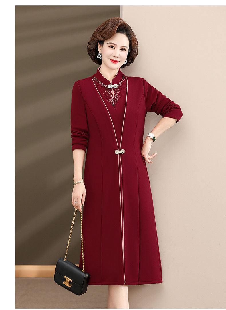 2 Pieces Red Black Mothers Qipao Cheongsam Dress & Coat