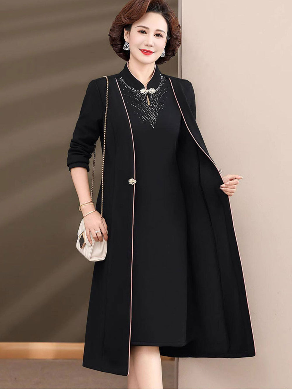2 Pieces Red Black Mothers Qipao Cheongsam Dress & Coat